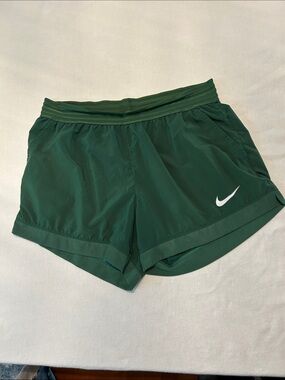 Nike Women’s Dark Green Athletic Running Shorts with White Swoosh